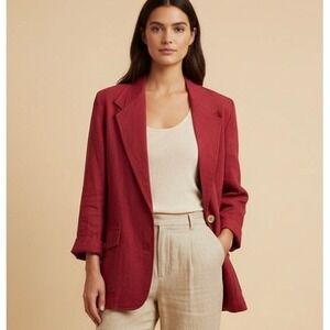 Vintage Red Linen Cotton Blazer 14 L Relaxed Fit Wooden Buttons Coastal layering
